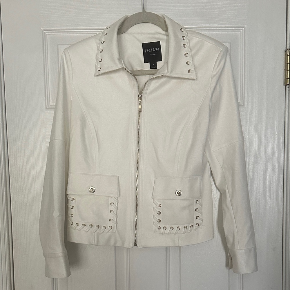 NWT Cream Faux Leather Zip Jacket with Stud Accents